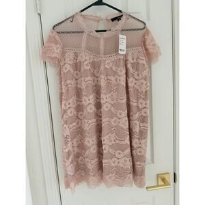 NWT Suzanne Betro Pastel Pink Floral Lace Tunic Short Sleeve Blouse Womens Large